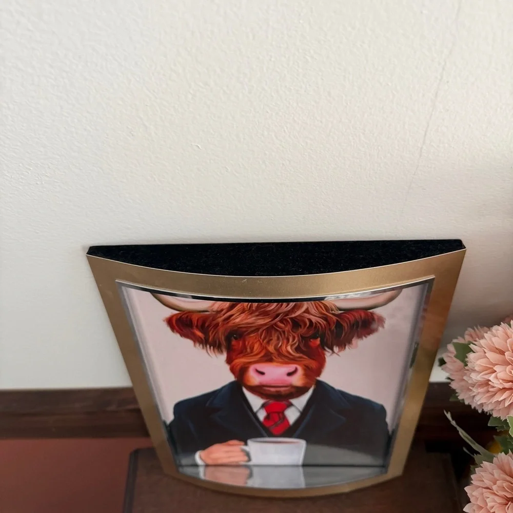 Office Highland Cow in Suit with Coffee Quirky Canvas Art Print Gold Framed Art
